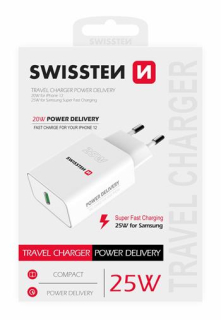  SWISSTEN SÍŤOVÝ ADAPTÉR 25W PRO IPHONE A SAMSUNG BÍLÝ